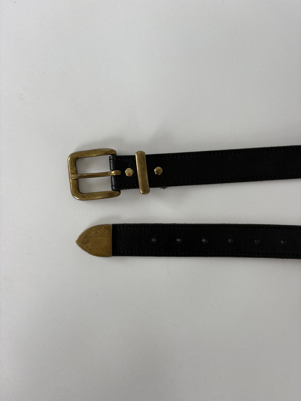 1379 / Vintage Black Leather Belt w/ Brass Hardware