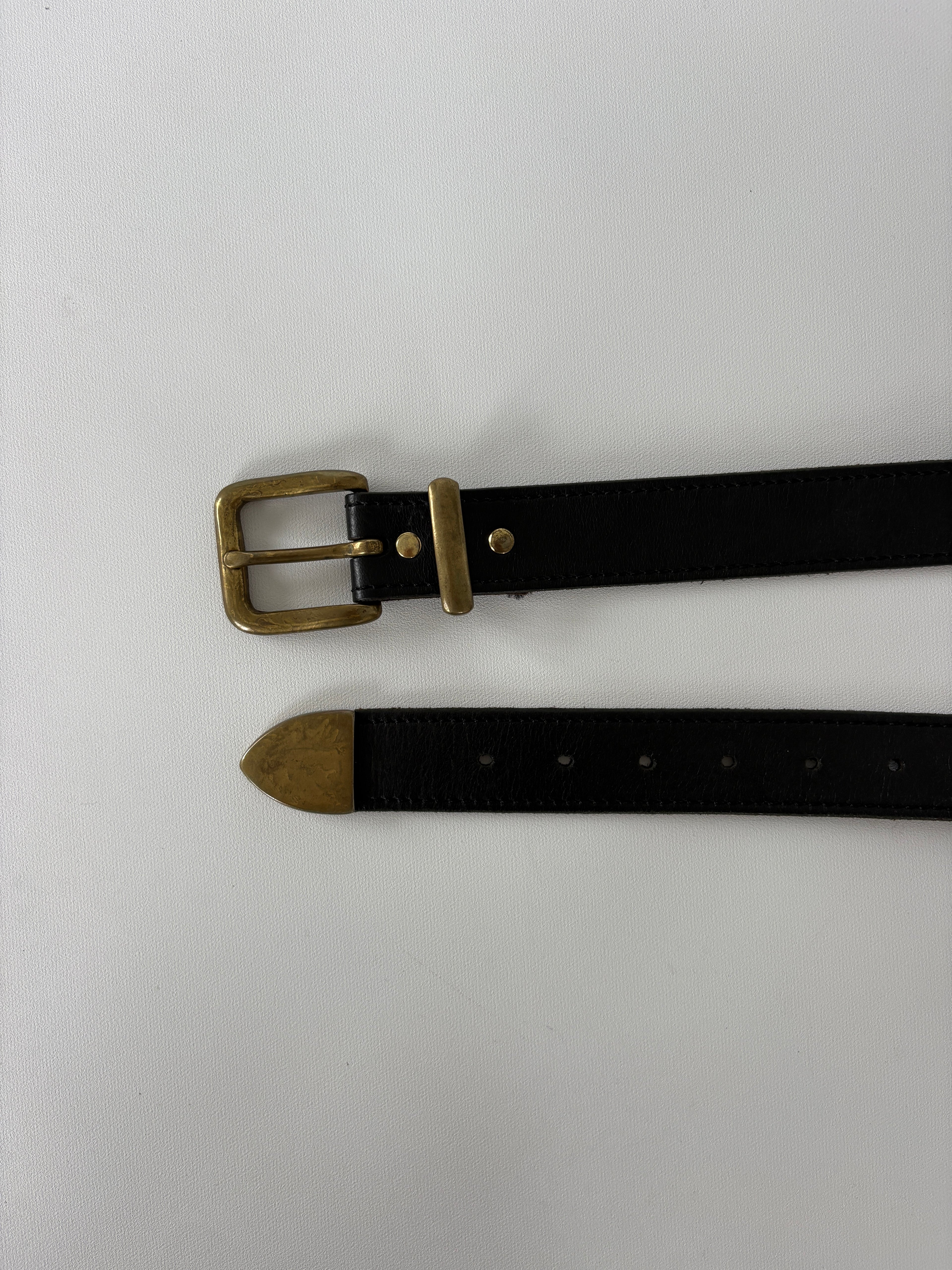 1379 / Vintage Black Leather Belt w/ Brass Hardware