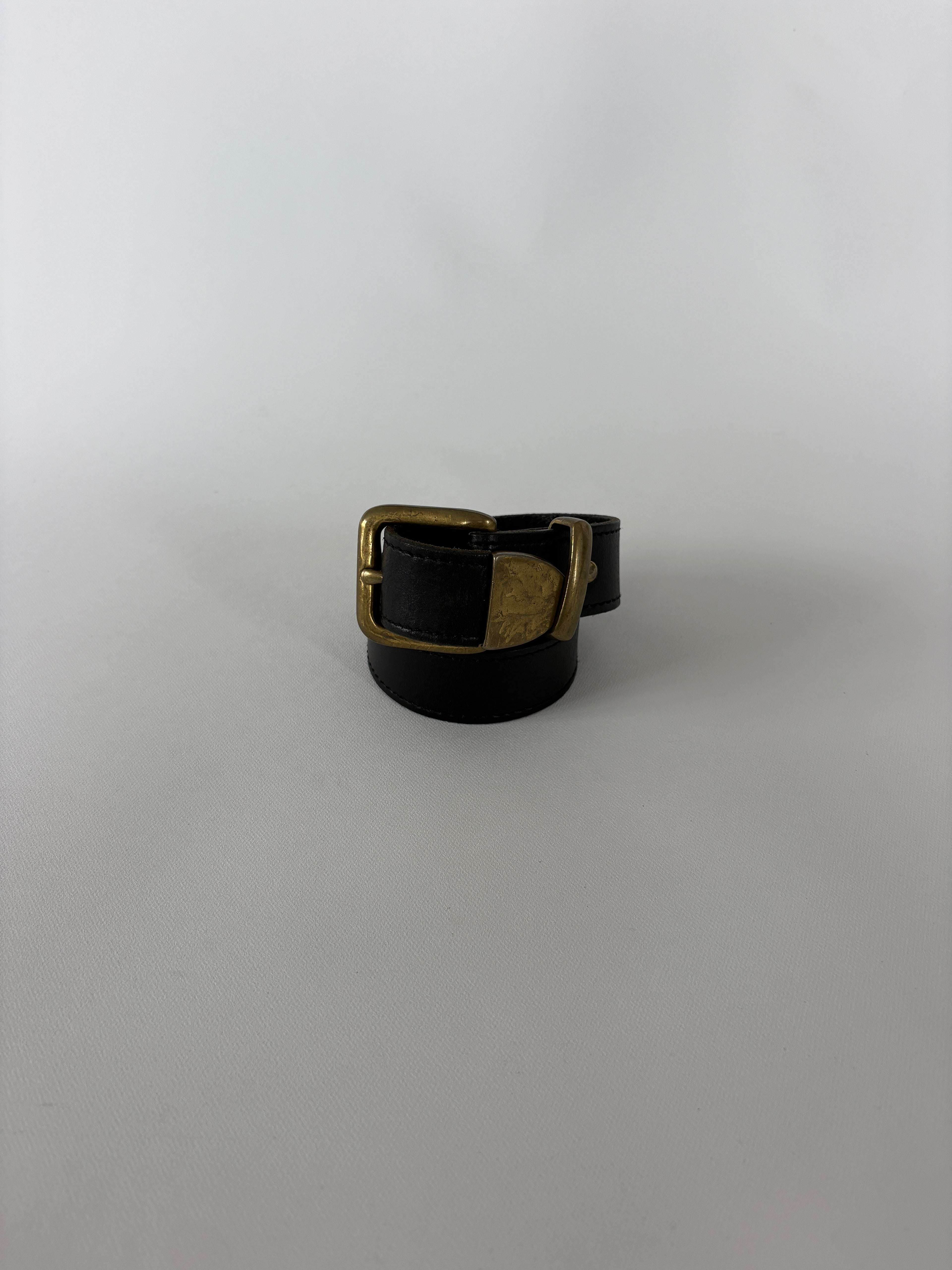 1379 / Vintage Black Leather Belt w/ Brass Hardware