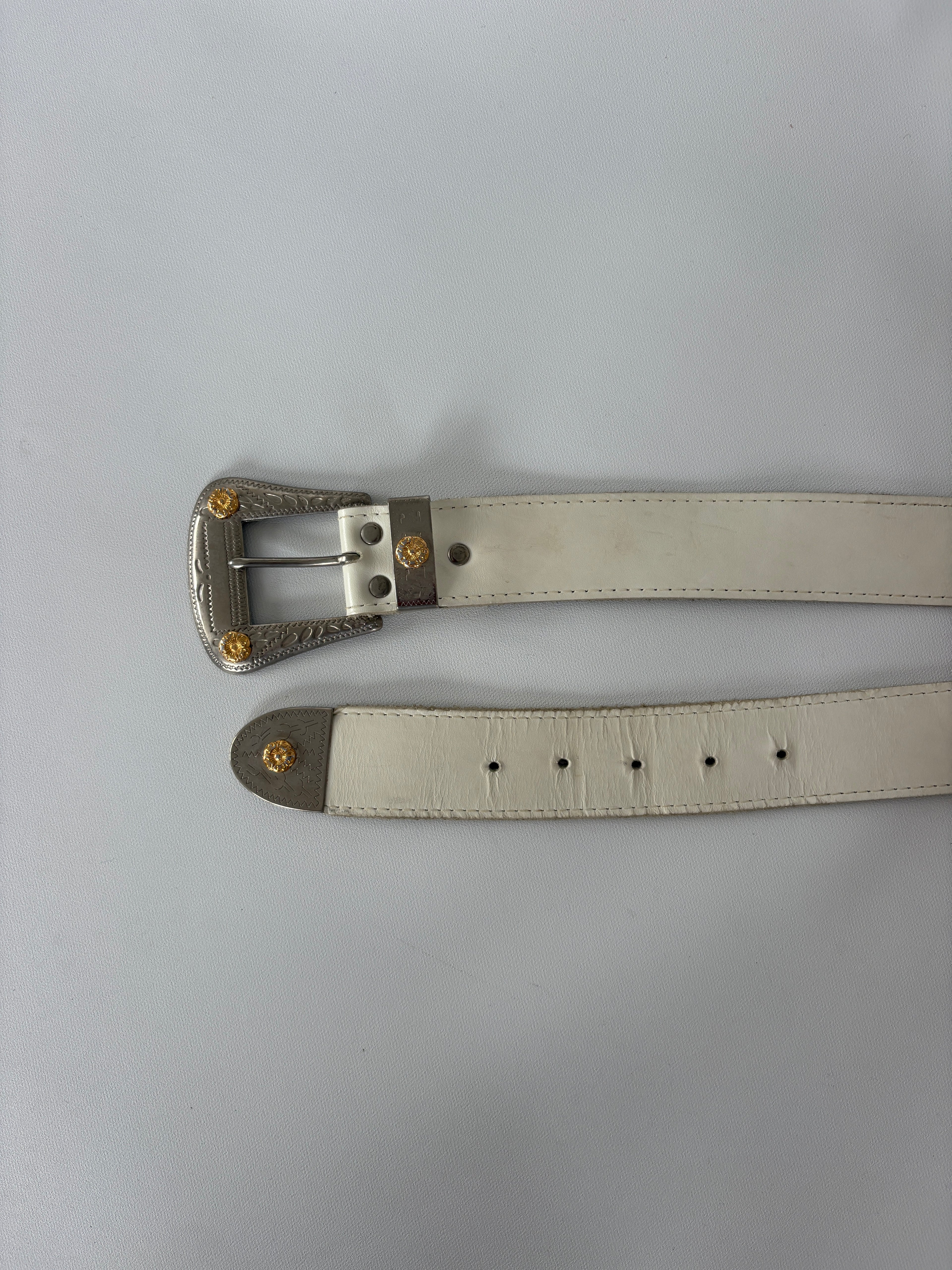 1381 / Vintage White Belt w/ Mixed Metal Hardware
