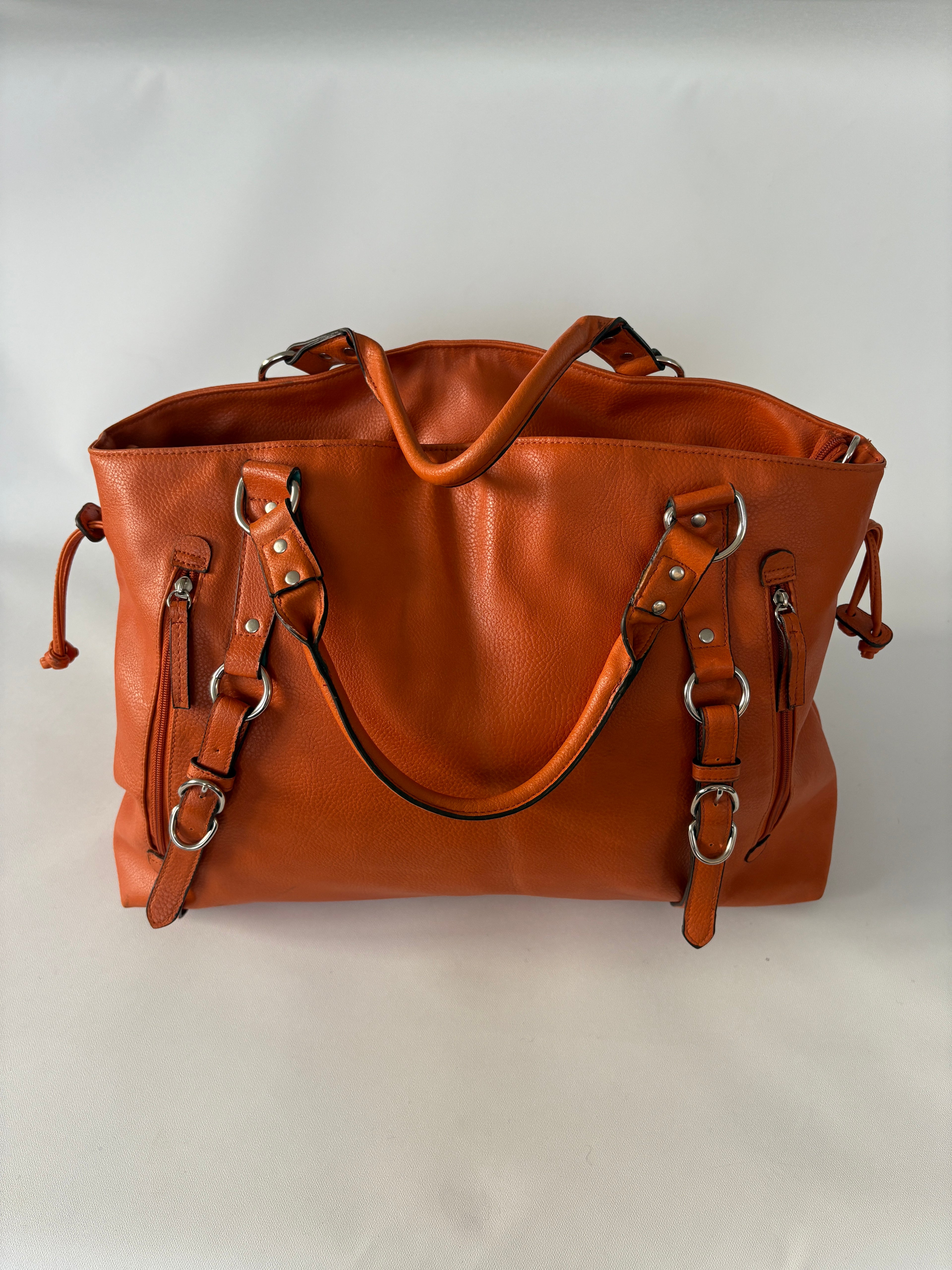288 / Large Orange Leather Duffel Bag