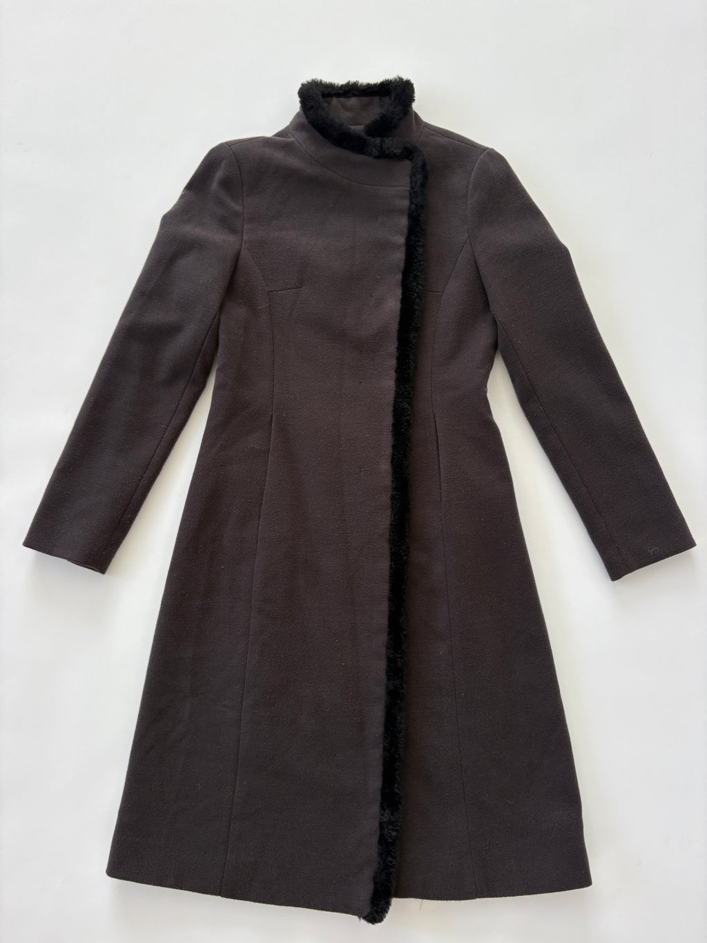 🔒 514 / Brown Mock-neck Asymmetrical Coat w/ Fur Trim