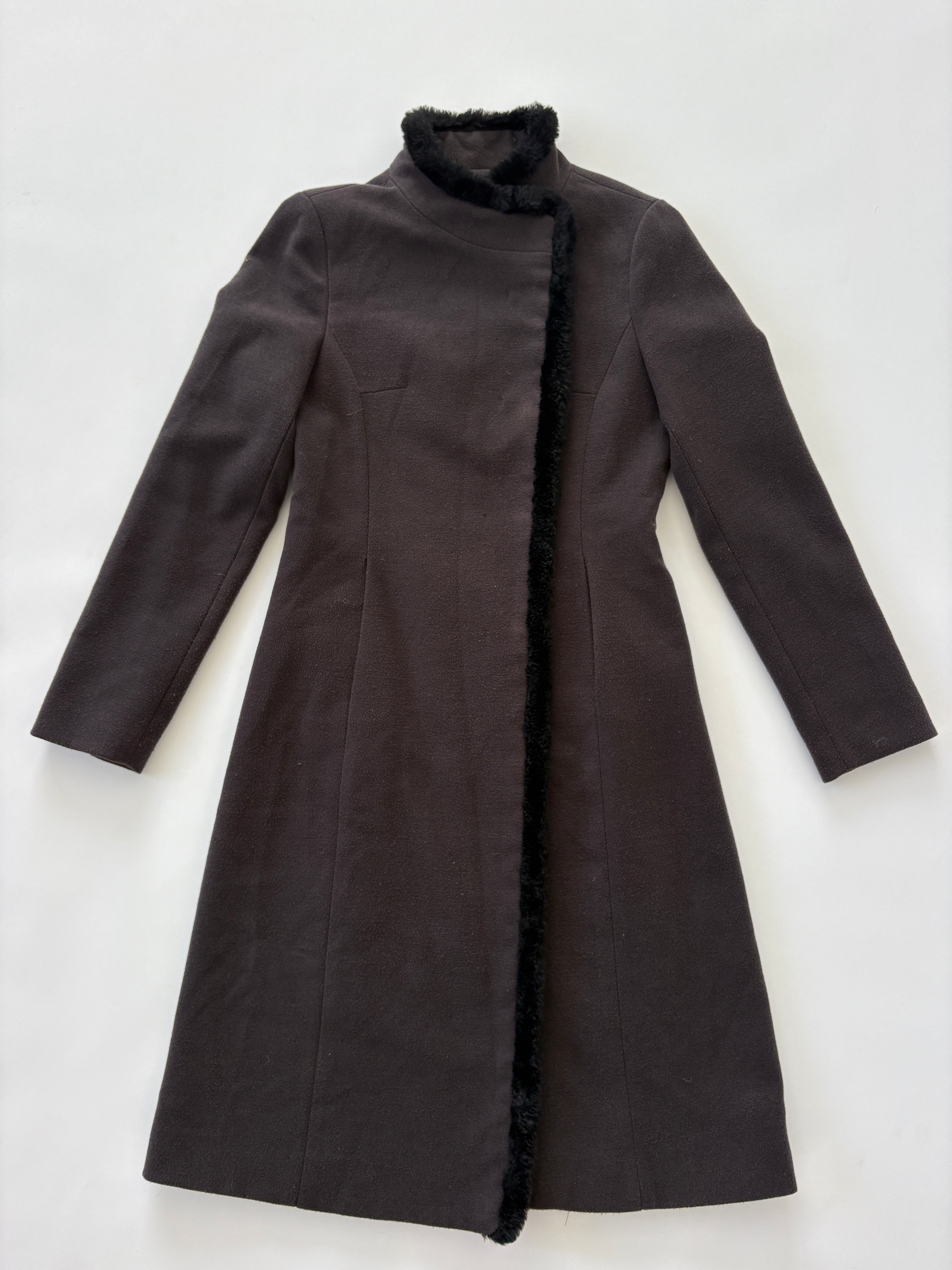 🔒 514 / Brown Mock-neck Asymmetrical Coat w/ Fur Trim