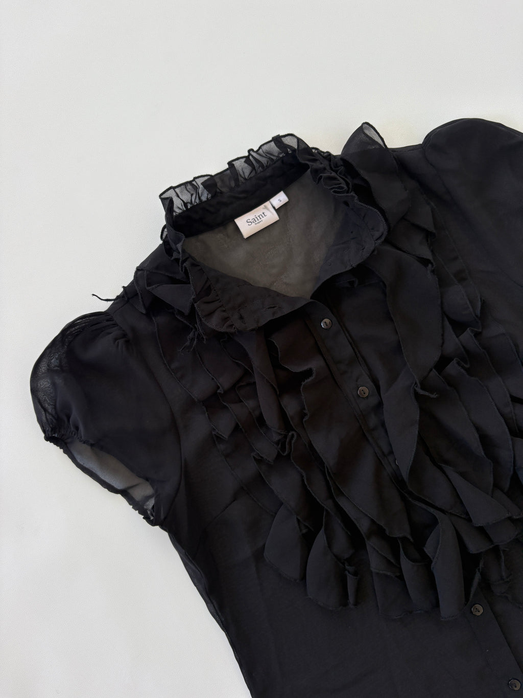 🔒65 / Black Sheer Short Sleeve Button Up w/ Ruffles