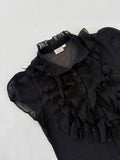 🔒65 / Black Sheer Short Sleeve Button Up w/ Ruffles