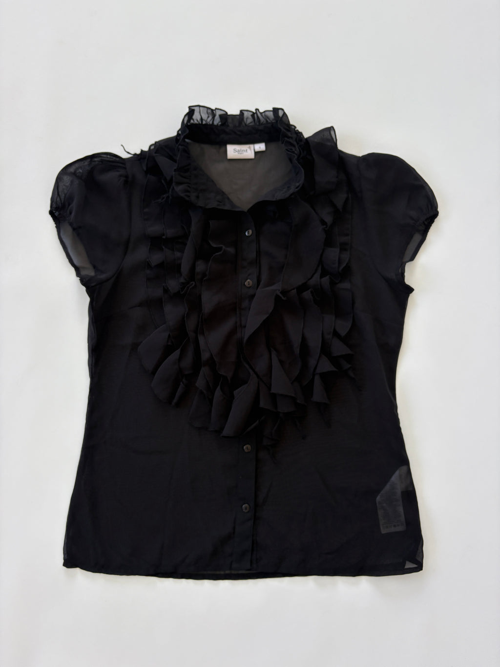 🔒65 / Black Sheer Short Sleeve Button Up w/ Ruffles