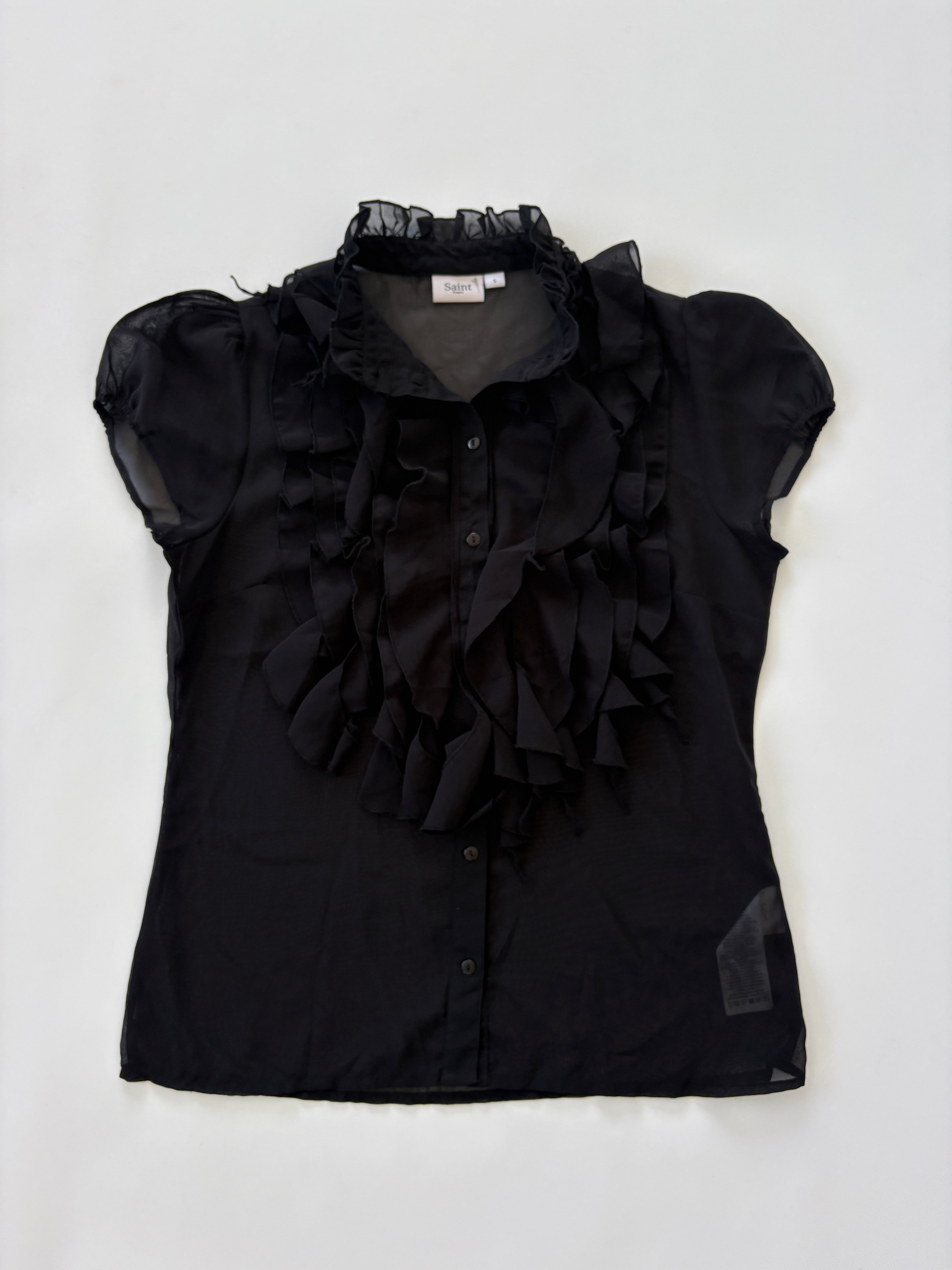🔒65 / Black Sheer Short Sleeve Button Up w/ Ruffles
