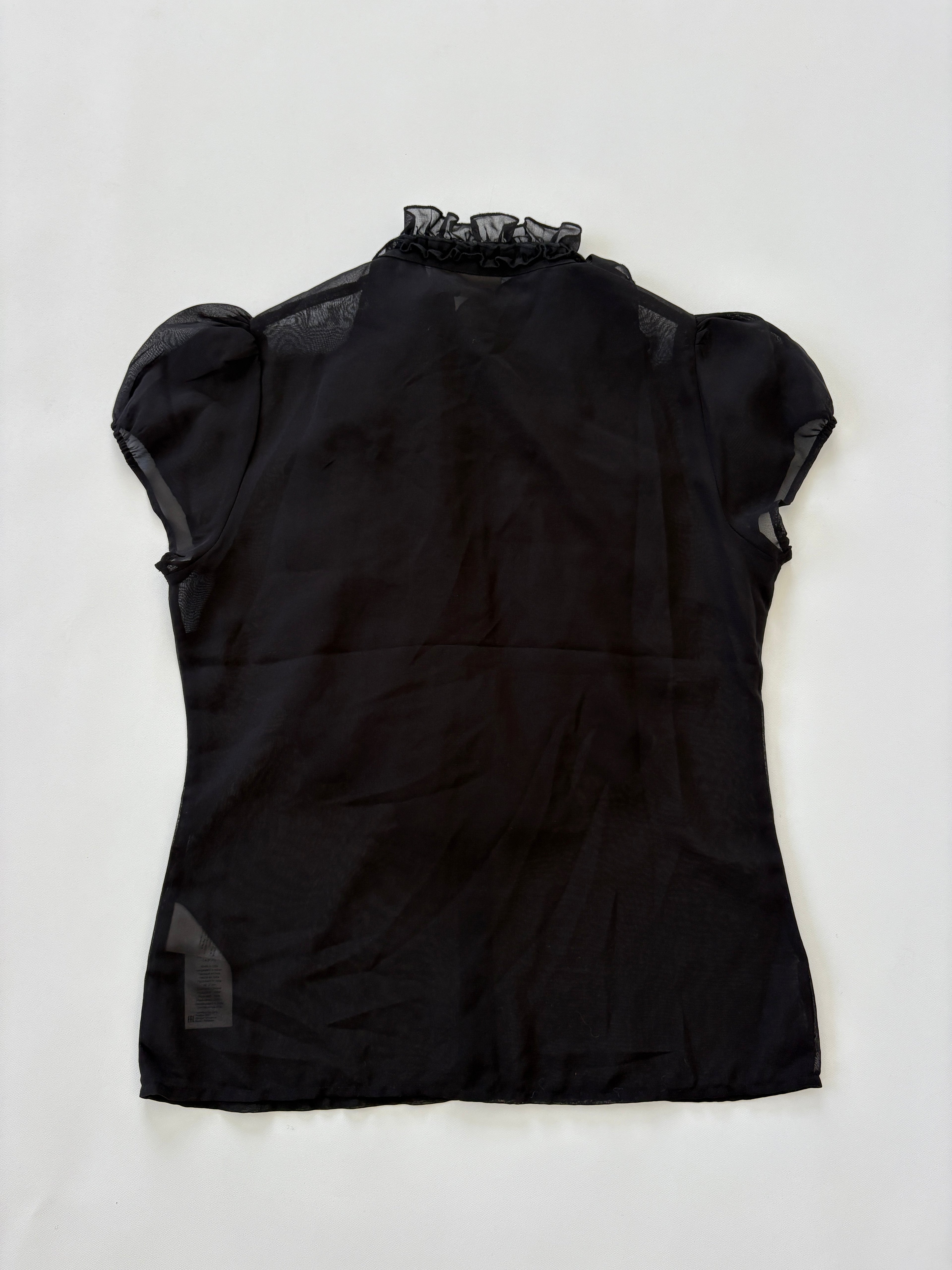 🔒65 / Black Sheer Short Sleeve Button Up w/ Ruffles