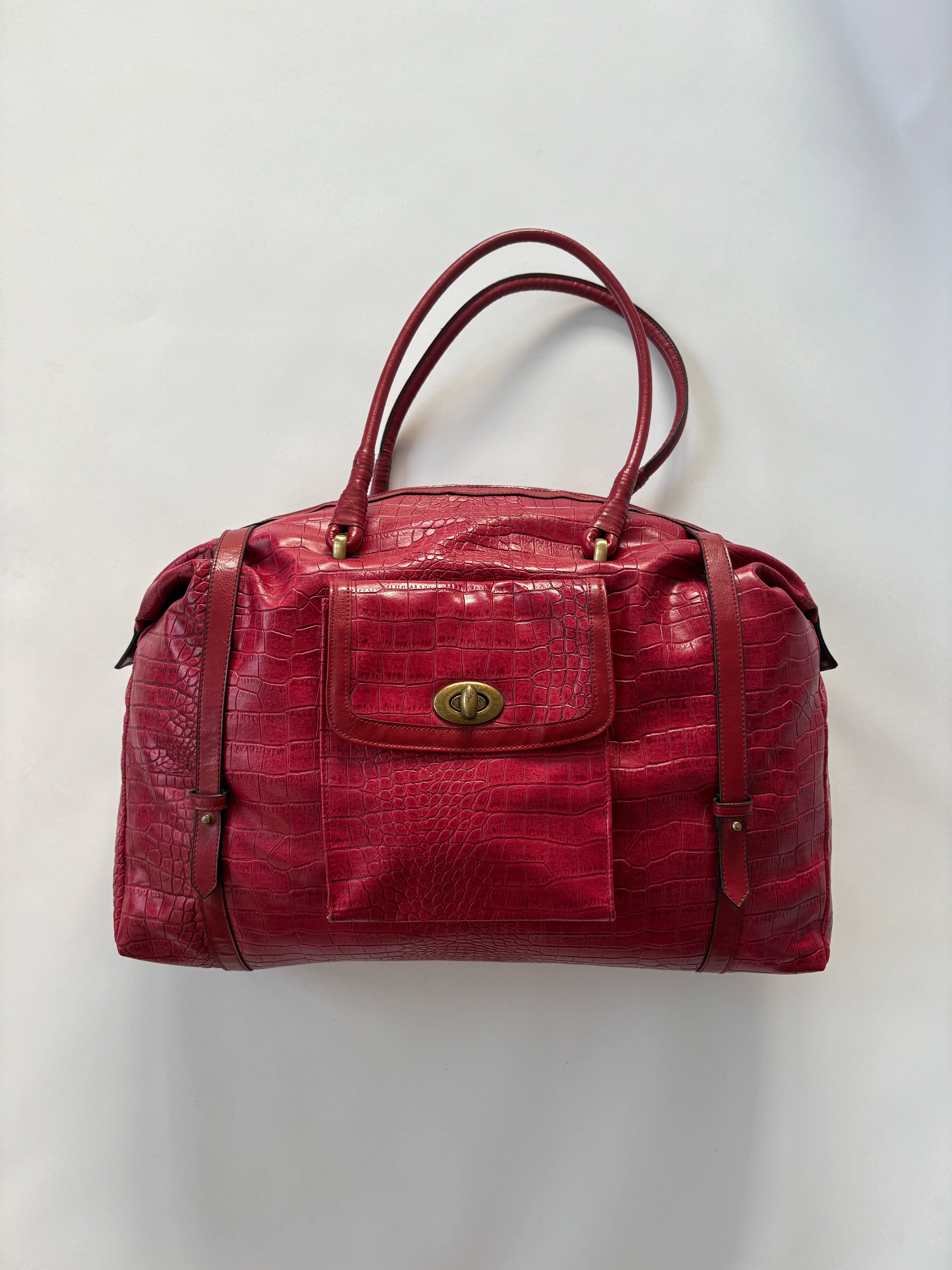 804 / Large Red Animal Print Leather Duffel Bag