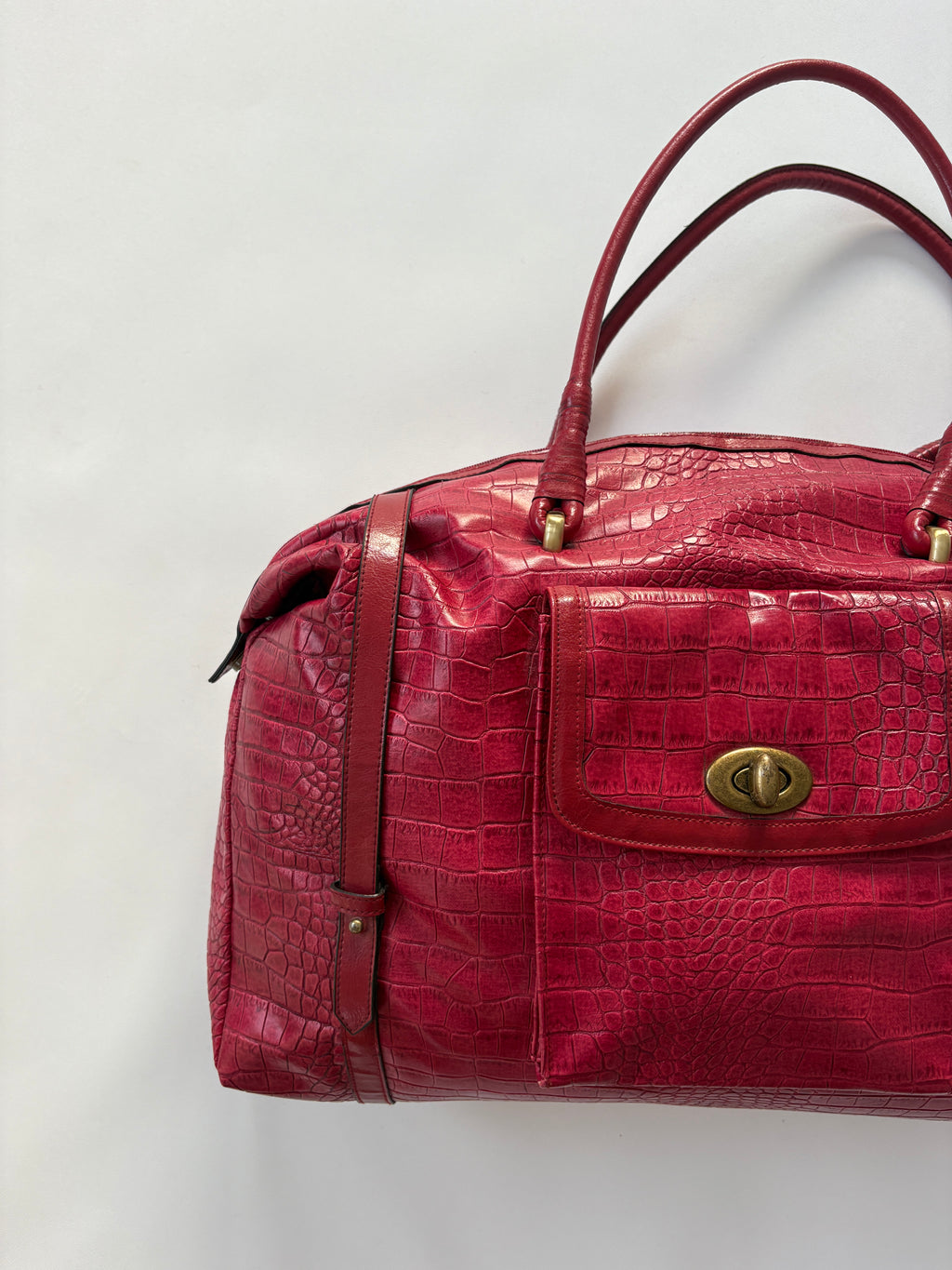 804 / Large Red Animal Print Leather Duffel Bag