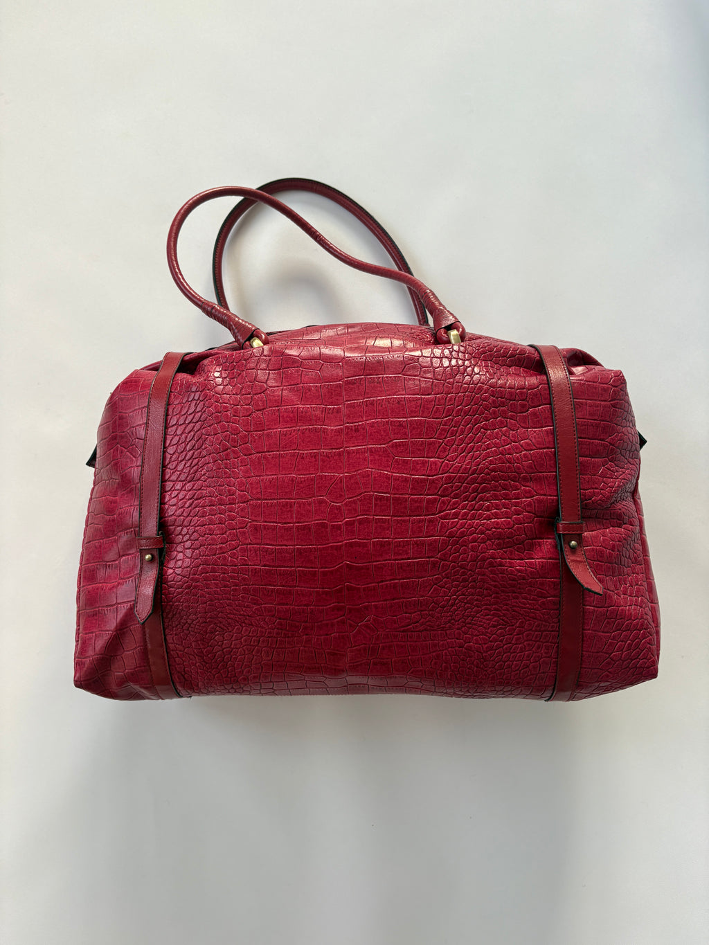 804 / Large Red Animal Print Leather Duffel Bag