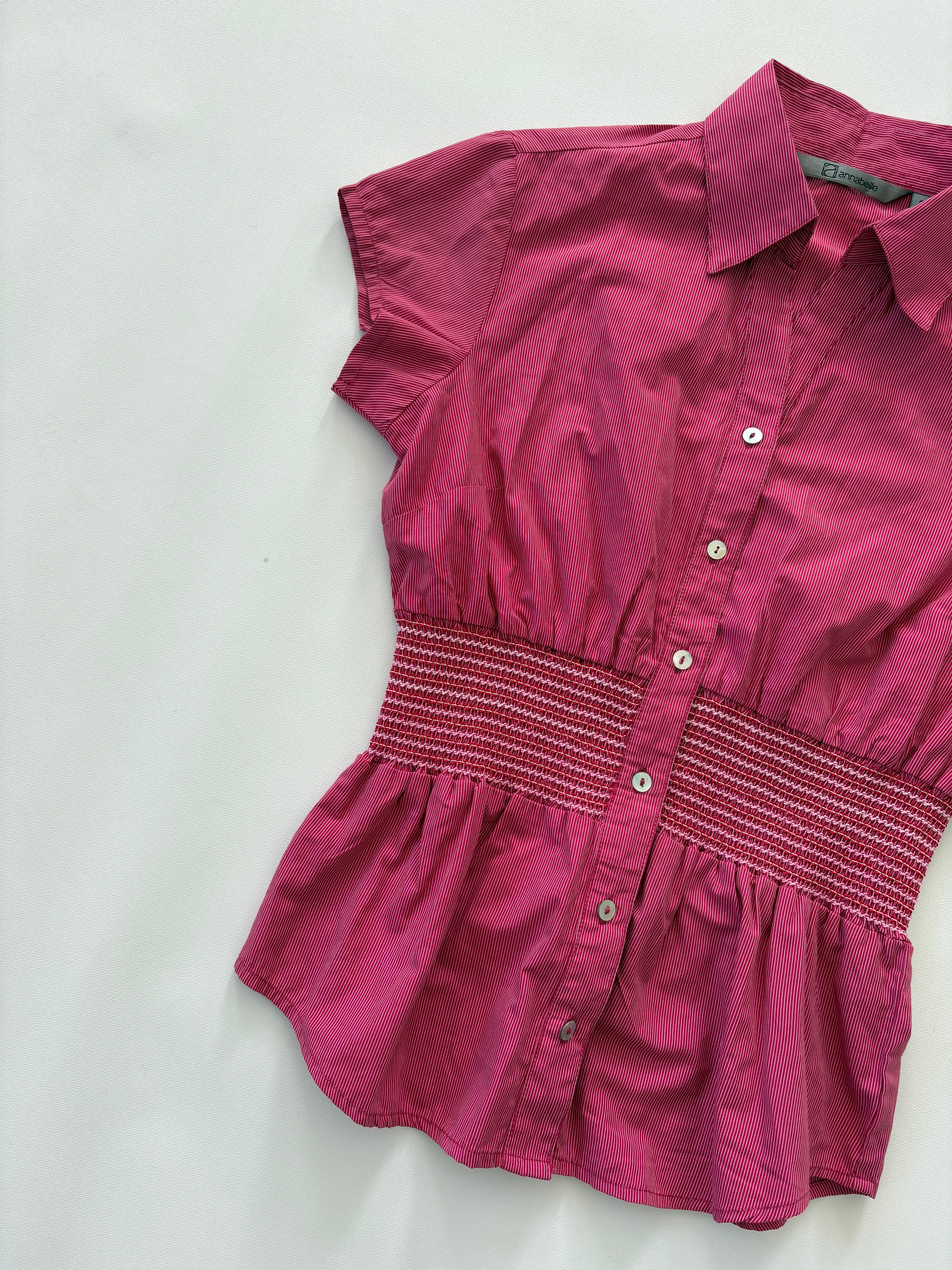 900 / Pink Short Sleeve Button Up w/ Shirred Waist Detail