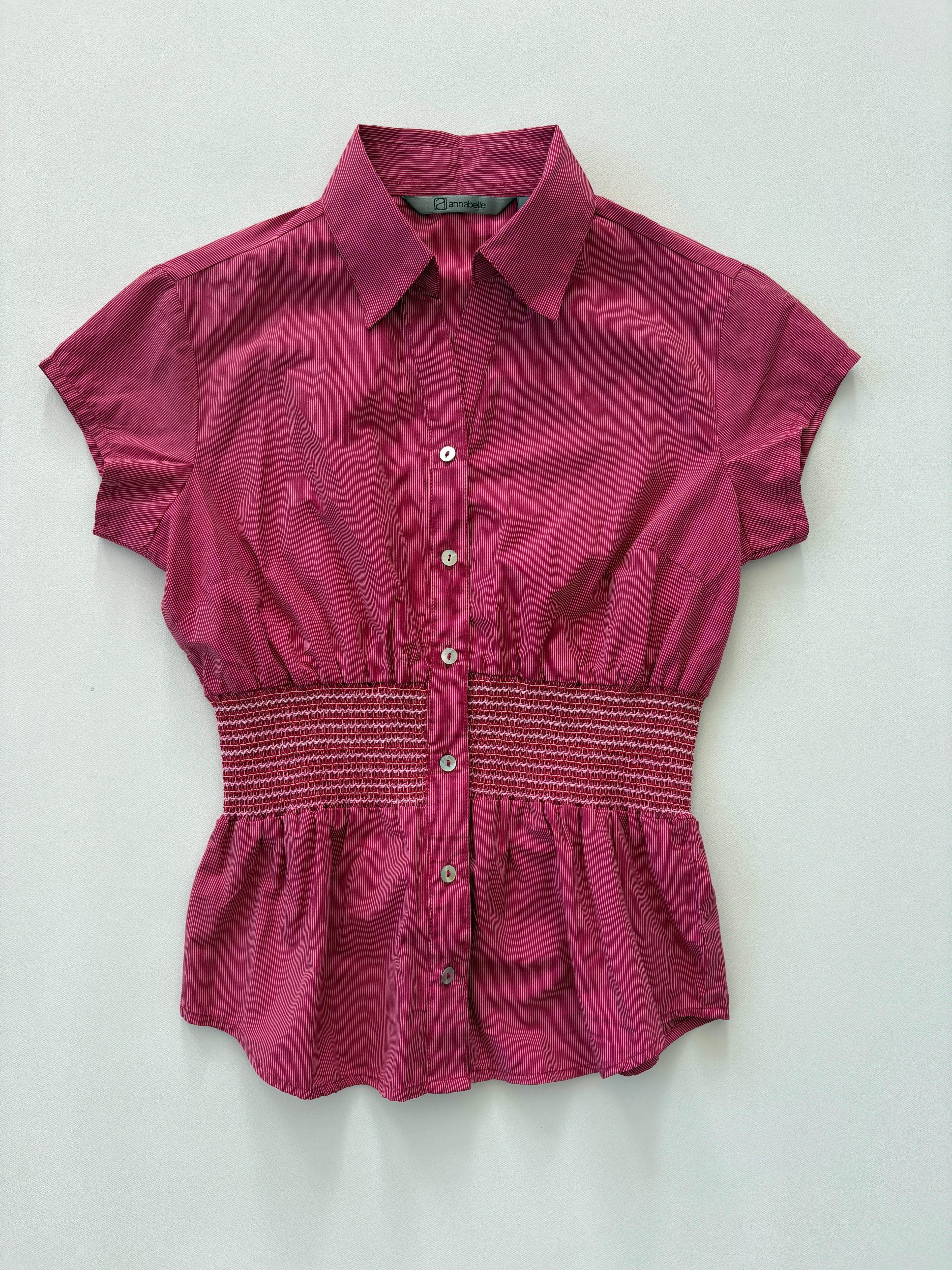 900 / Pink Short Sleeve Button Up w/ Shirred Waist Detail