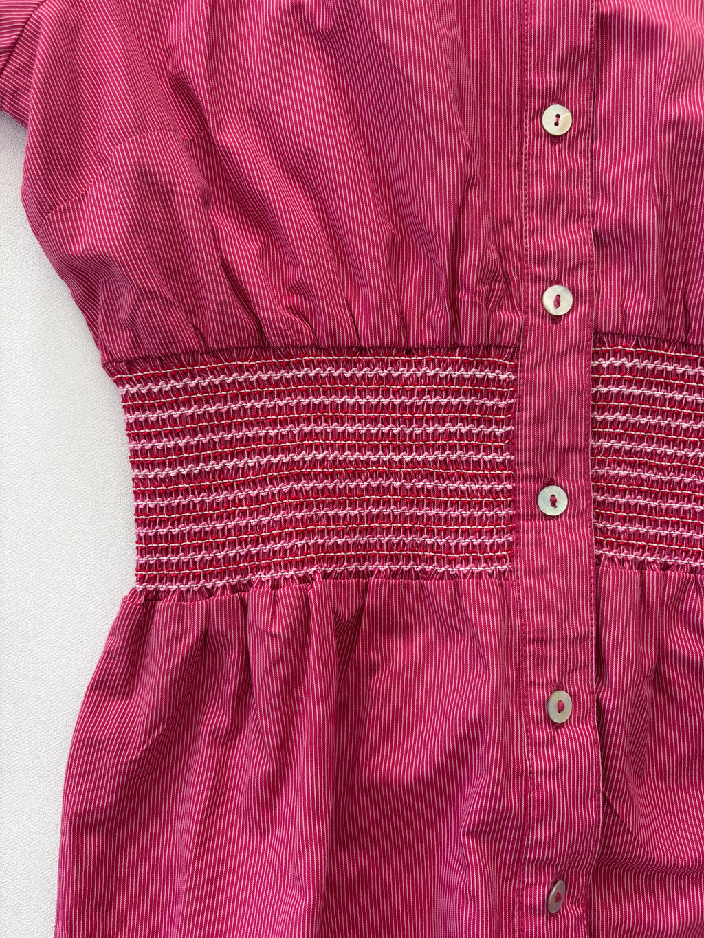 900 / Pink Short Sleeve Button Up w/ Shirred Waist Detail