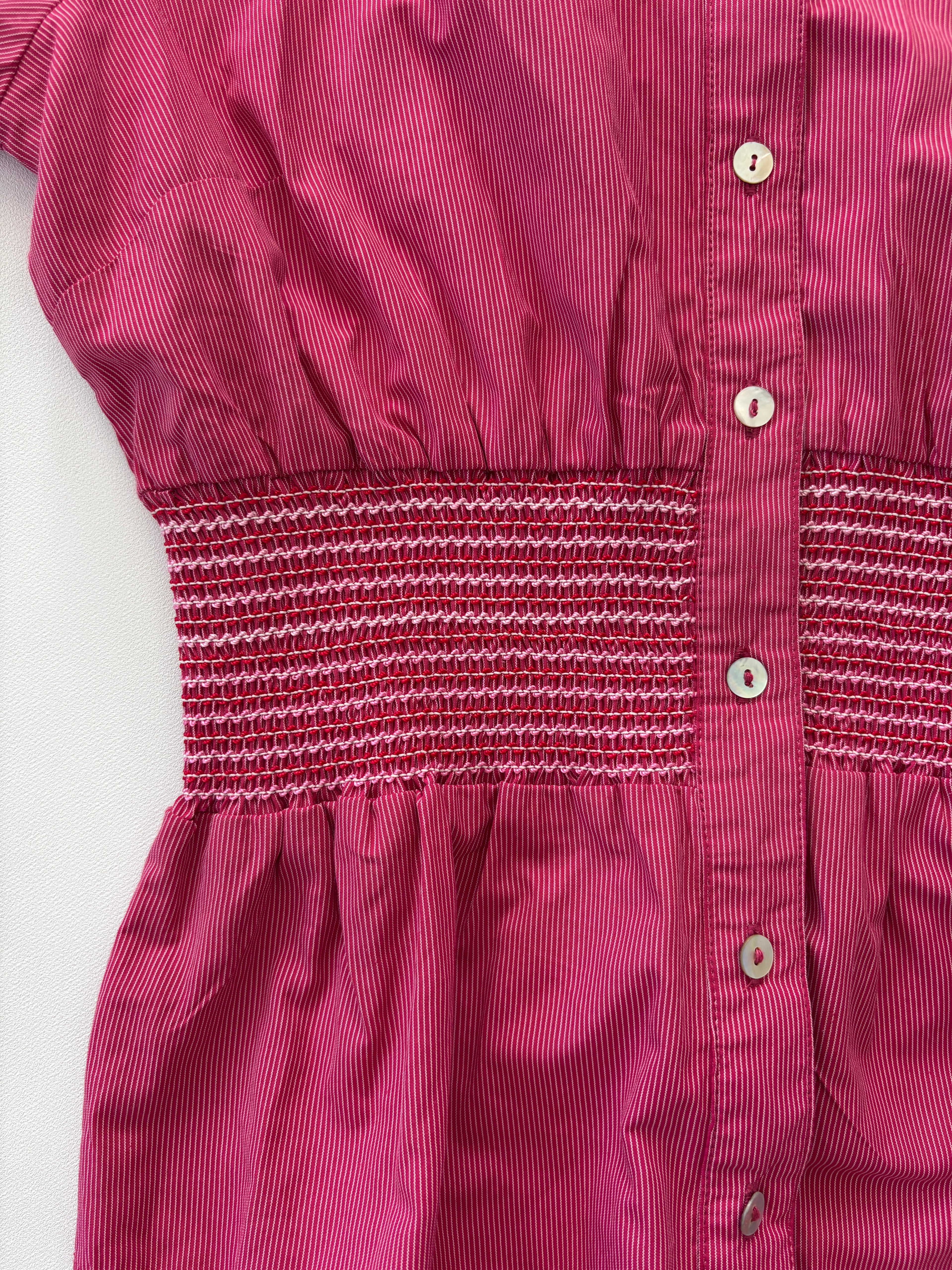 900 / Pink Short Sleeve Button Up w/ Shirred Waist Detail