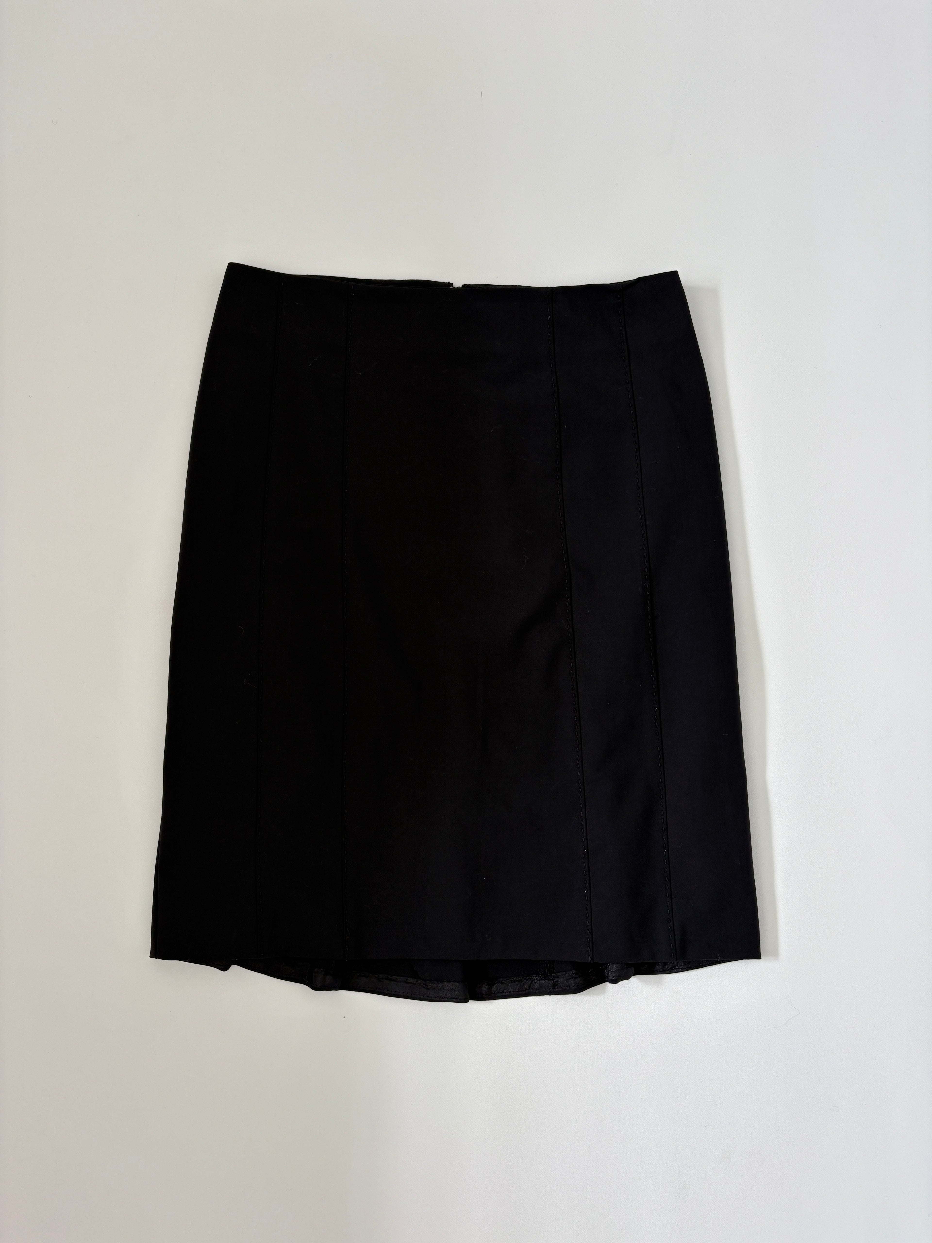 91 / Vintage Black Panel Midi Skirt w/ Stitching Detail