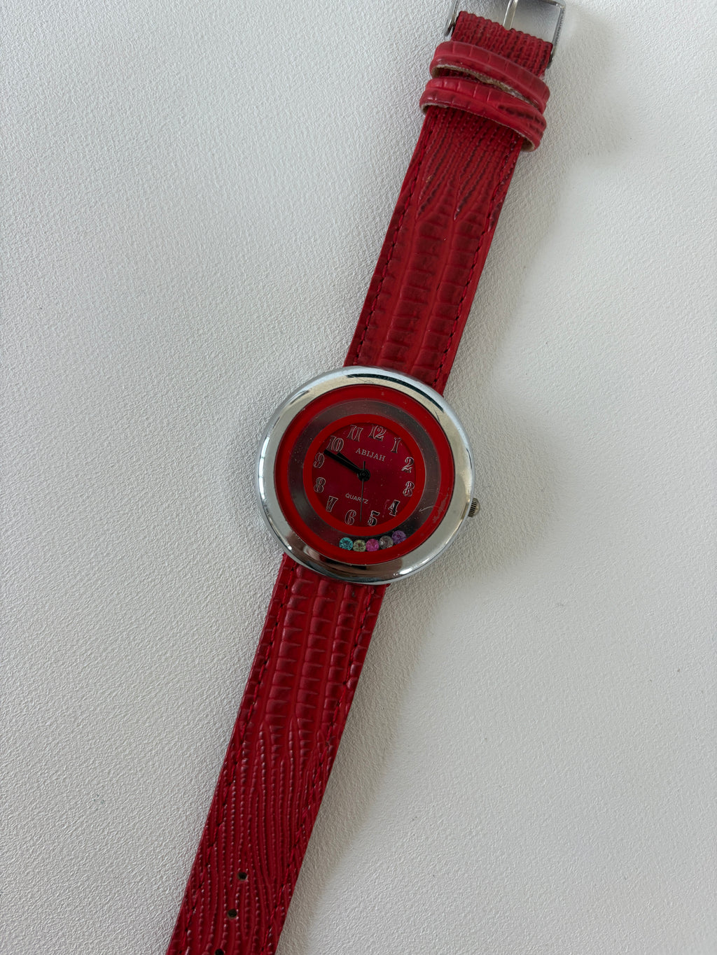 1247 / Red Animal Print Watch w/ Gemstones