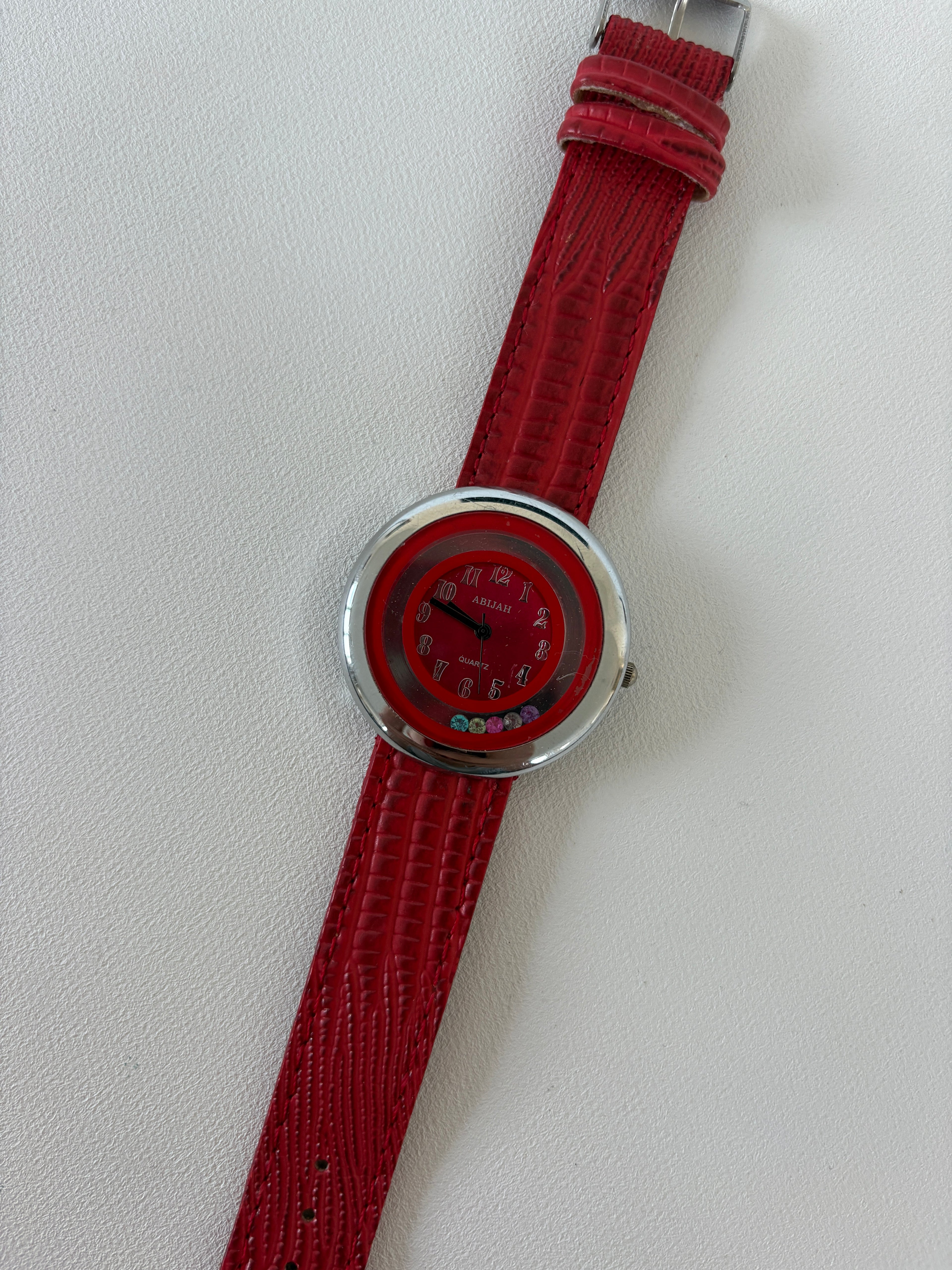 1247 / Red Animal Print Watch w/ Gemstones