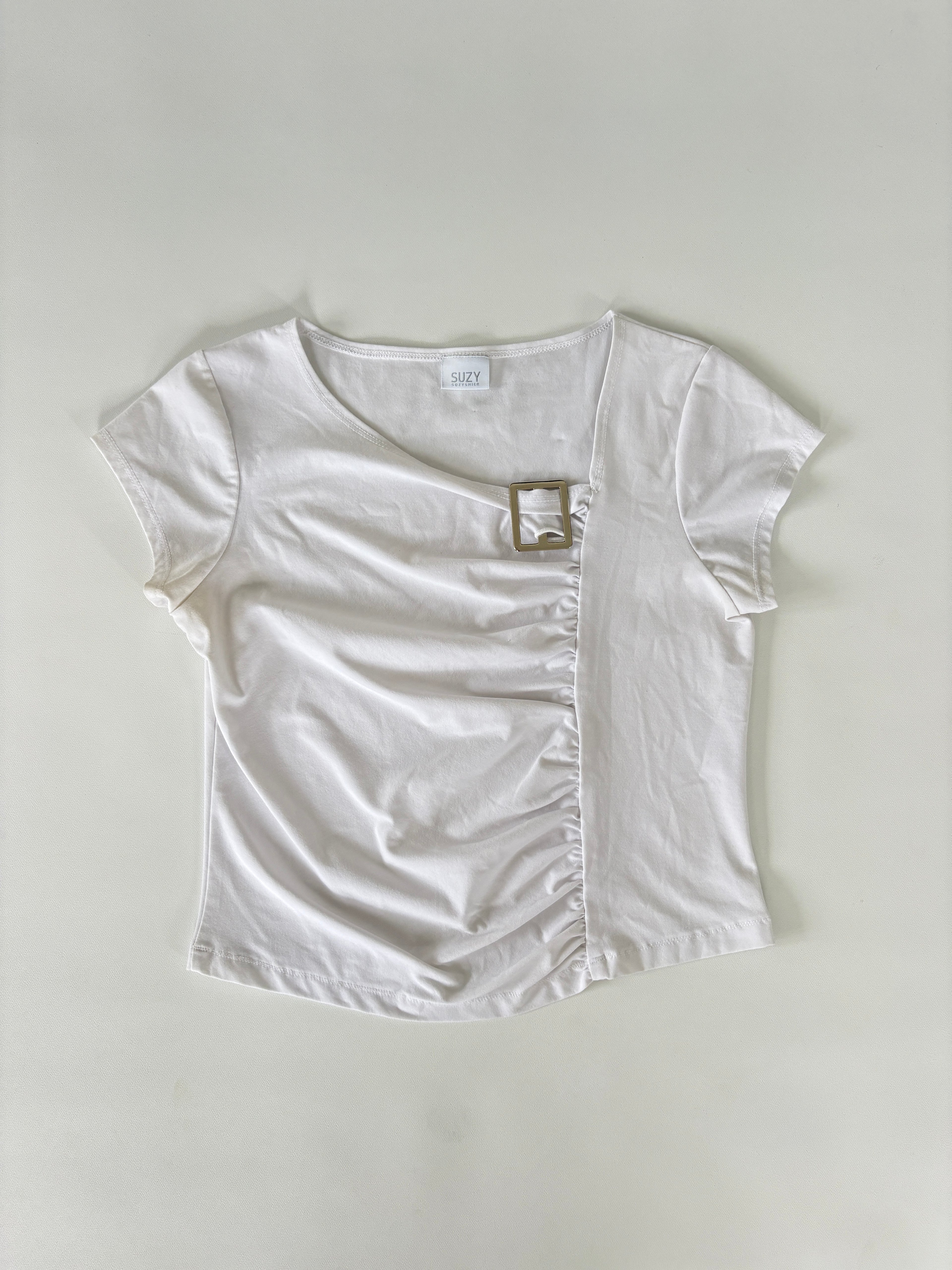 61 / White Asymmetrical Cropped Top w/ Ruching and Buckle Detail